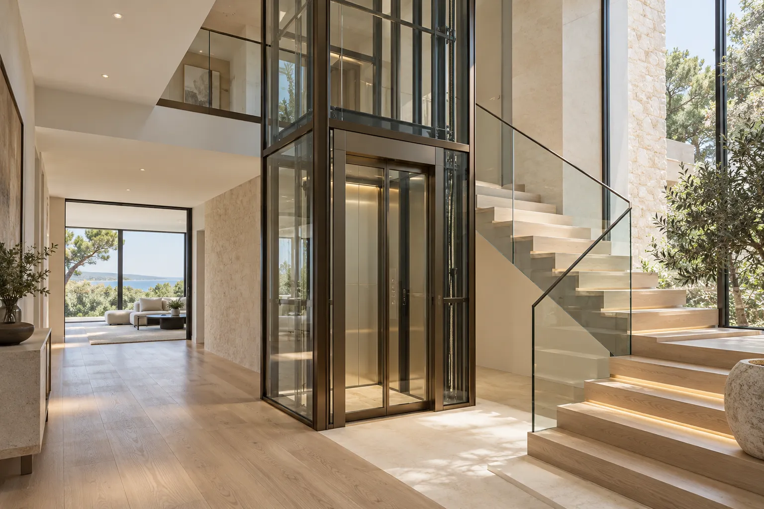 Glass-enclosed residential elevator beside an open staircase