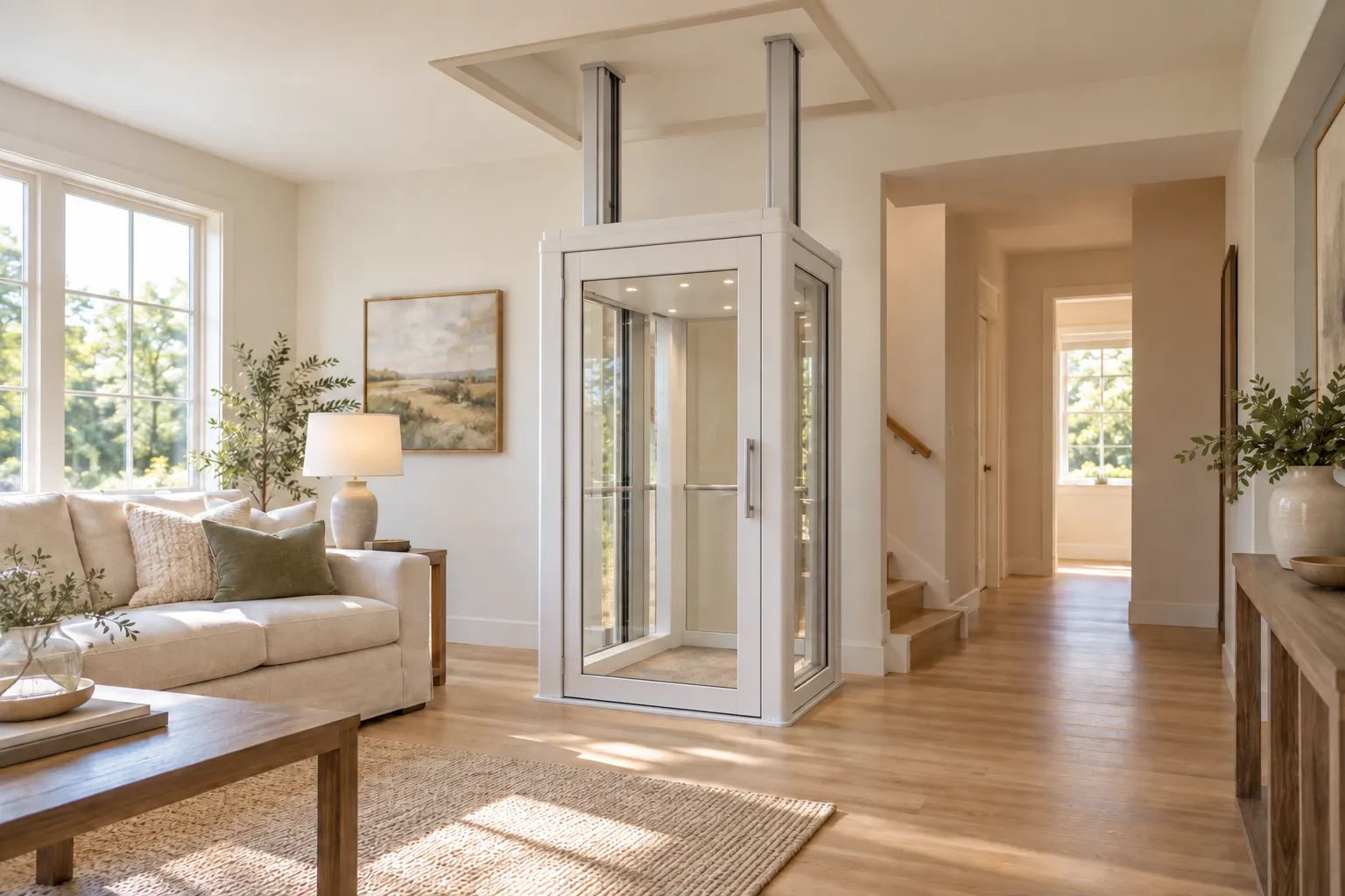 Compact through-floor home lift at its lower landing